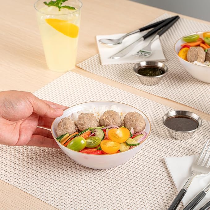 Restaurantware Plastic Bowls 100 Pcs 16 oz Gold Rimmed Disposable Soup Bowls Heavy-Duty White Translucent Rippled Dinnerware Containers for Party, Desserts, Salads, Snacks, and Catering