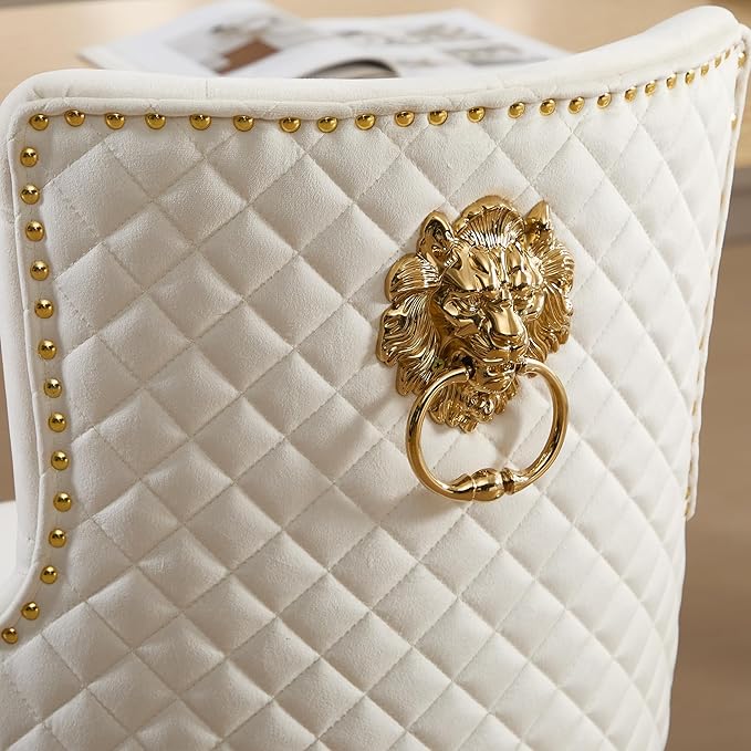 Velvet Gold Barstools Set of 2, Modern Counter Height Adjustable Swivel Stools Chairs with High Tufted Backrest Golden Base Lion Head Pull Ring Diamond Pattern Rivet Trim for Kitchen, Cream