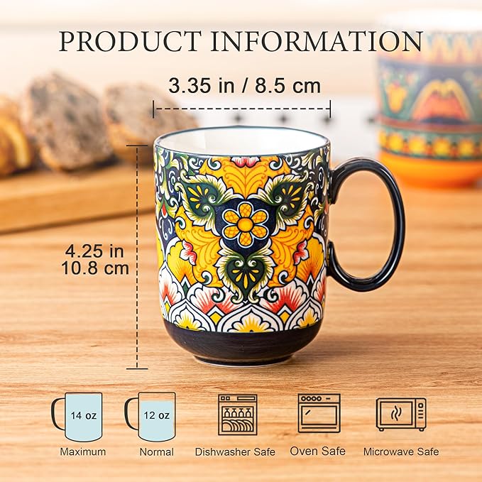 Henten Home Porcelain Coffee Mug Set of 6, 14 oz Colorful Latte Cup with Handle, Boho Ceramic Mug for Hot Chocolate, Milk, Tea, Cappuccino, Cocoa, Microwave & Dishwasher Safe