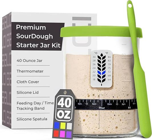 Premium Sourdough Starter Jar - 40oz Large Sourdough Jar with Marked Feeding Band, Thermometer, Scraper, Cloth Cover and Silicone Lid/Base, Wide Mouth Starter Kit - Green
