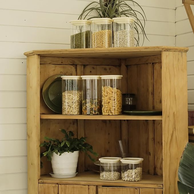 4pcs 25oz Square Pantry Glass Jars with Clear Airtight Lids Kitchen Canisters Sets for Flour, Sugar Refrigerator Safe, Patent Approved