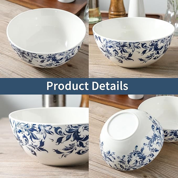 ramen bowl, salad bowl，mixing bowls，ceramic bowls, large cereal bowls, Large Soup Bowl, Pho Bowls, Fruit, Microwave Dishwasher Safe, 7 inch Blue and White 2 pack