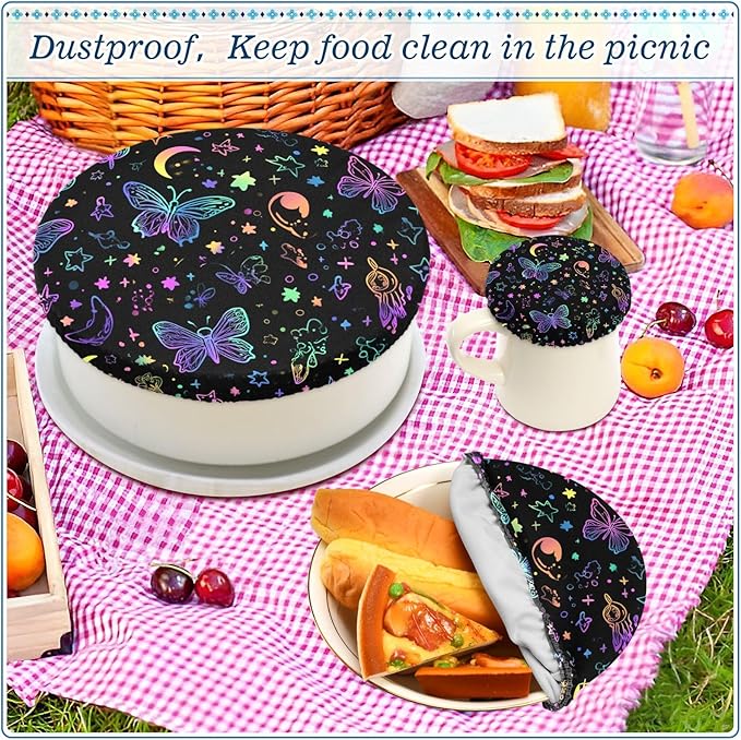 5 Pcs Bowl Covers Reusable in 5 Size Elastic Food Cover Cloth Lids Fresh Keeping Dish Cookware Bakeware Fabric Covers Lids for Food Leftovers Fruits Storage Neo-color Butterflies Moon Stars