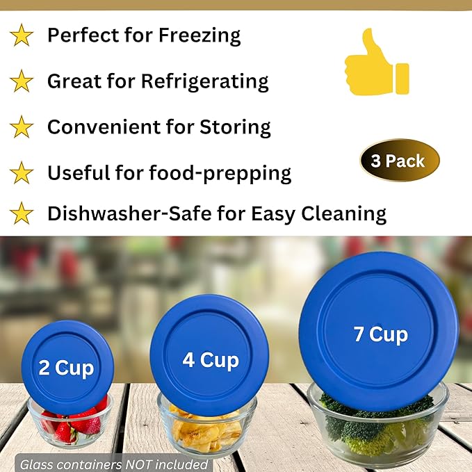 2, 4 & 7 Cup Blue Replacement Lids/Covers for Pyrex, Anchor Hocking & KlareWare Storage Bowls *Lids Only Glass Container Not Included* (3 Pack *One of Each Size*)