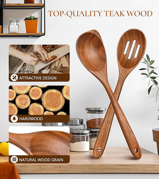 2Pcs Wooden Spoons for Cooking, Natural Premium Teak Wood Corner Spoon & Slotted Spoon, Good Grip Large Cooking Spoons Spatula, Heat Resistant Wooden Kitchen Cooking Utensils Set for Nonstick Cookware