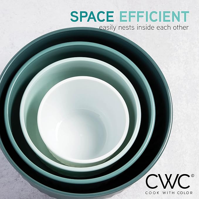 COOK WITH COLOR 4pc Plastic Mixing Bowl Set with Lids (Teal Ombre, 210 ml, 550 ml, 1150 ml, 3500 ml) - Sturdy, Nesting, BPA Free, Dishwasher Safe, Food Safe, Bowls for Cooking and Baking