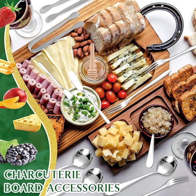 Charcuterie Board Accessories, 18 Pcs Silver Stainless Steel Spreader Knives Set Include Mini Serving Tongs, Cheese Butter Knives, Spoons, Forks, Honey Dippers