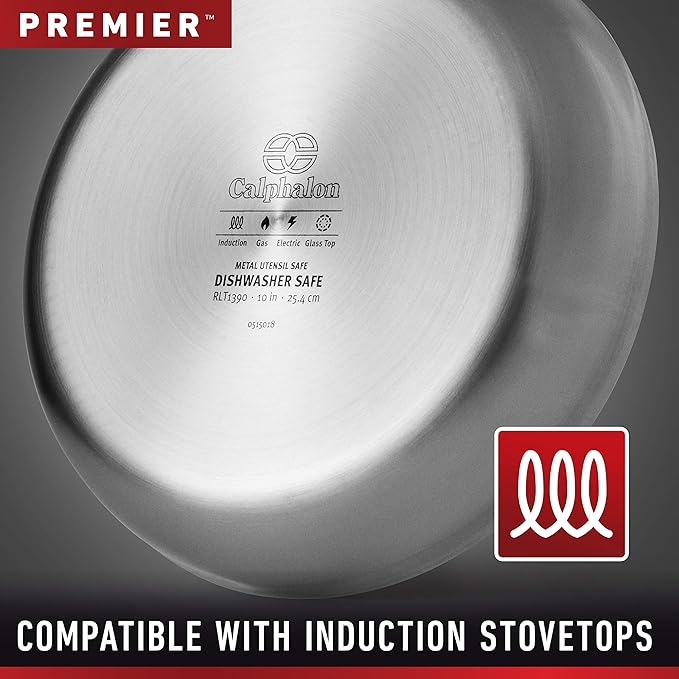 Calphalon Premier Stainless Steel 5-Quart Sauté Pan with Lid, 3-Layer Metal Construction, Oven & Dishwasher Safe