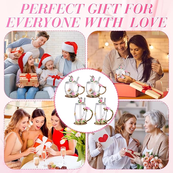 Nuanchu 4 Sets Flower Glass Tea Cups with Lids and Spoon Butterfly Vintage Glass Coffee Mugs Floral Fancy Clear Teacup for Christmas Women Mom Wife Girlfriend(Pink,11 Oz,12 oz)