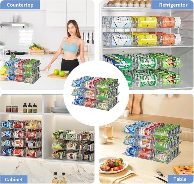 Can Organizer for Pantry Free Combination Can Dispenser, Clear Thickened 3-Tier Storage Rack for 36 Cans Suitable for Cabinet Pantry Fridge Countertop (3 * 3)
