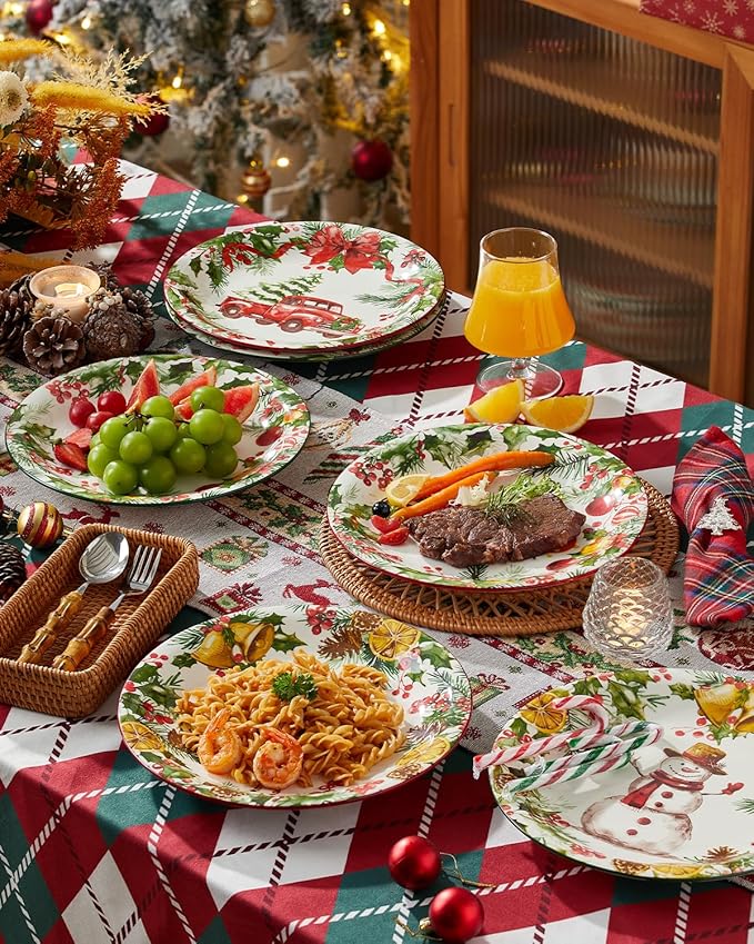 Christmas Dinner Plates, 10 Inch Ceramic Serving Plate Set for Pasta, Steak, Salads, Dishwasher and Microwave Safe, Christmas Dinnerware Set of 6