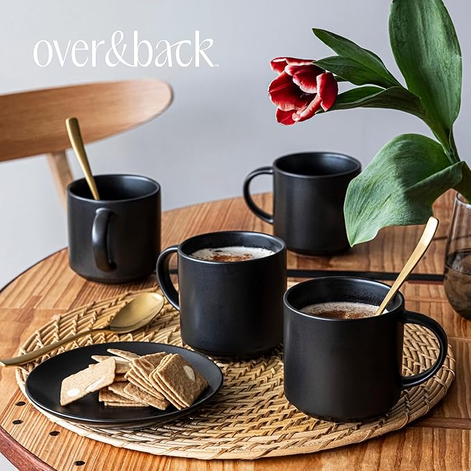 over&back Stackable Stoneware Coffee Mugs - 4-Piece Mug Set - Enjoy the Perfect Cup of Coffee, Tea, Latte, and More - Semi-Matte Black- 14oz