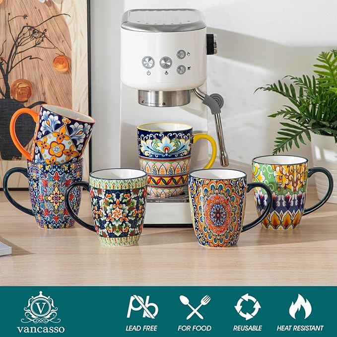 vancasso 12 oz Coffee Mugs Set of 6, Ceramic Mug with Handle, Boho Coffee Cups for Latte, Cappuccino & Hot Chocolate, Dishwasher & Microwave Safe Gift Set, Series SIMI