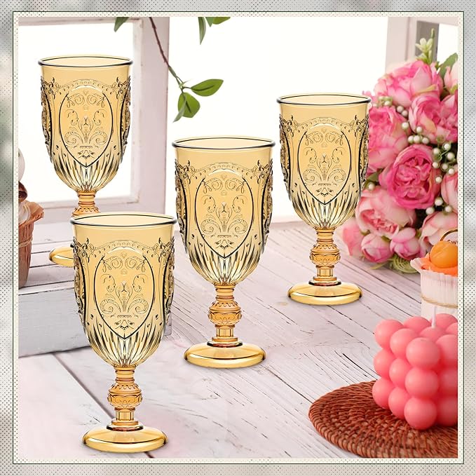 24 Pcs Plastic Goblets 7.5oz Vintage Goblet Plastic Wine Glasses Colored Retro Embossed Water Goblets for Wine Bar Juice Baby Shower Wedding Reception Grand Event Party (Amber)