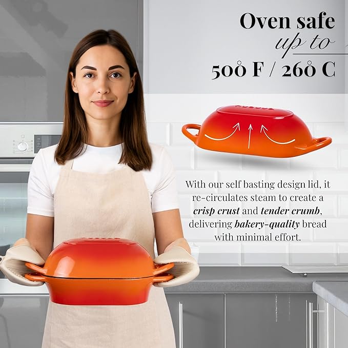 Dutch Oven For Sourdough Bread Baking – Enamelled Cast Iron Bread Loaf Pot – Oven Safe Non Stick Bread Pot – Rectangular, Orange, 24cm x 16cm – by Nuovva