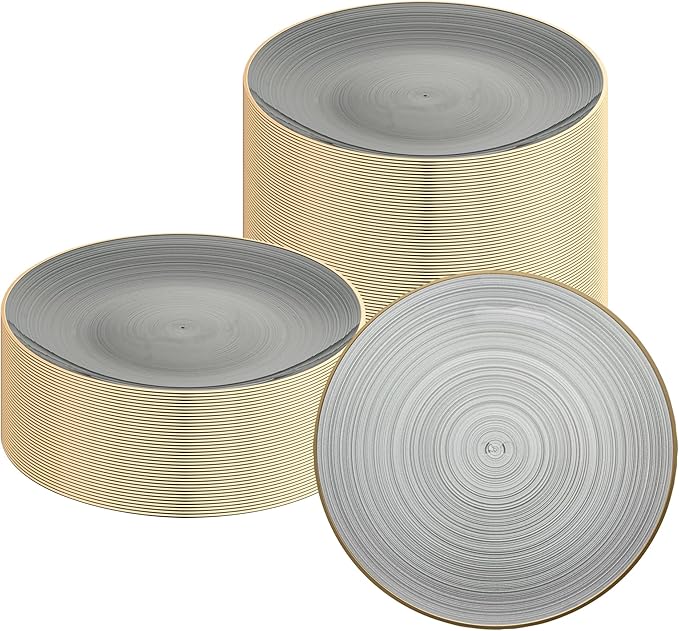 Restaurantware Plastic Plates 20 Pcs 10" Gold Rimmed Disposable Plates Heavy-Duty Black Translucent Rippled Plastic Dinner Servers for Party, Weddings, Salads, Desserts, and Appetizers