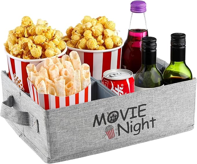 Snack Organizer for Countertop, Fabric Movie Night Snack Tray with Handles, 4 Compartment Collapsible Snack Basket, Snack Bar Station Organizer, Kitchen Pantry Organizer and Storage (Grey)