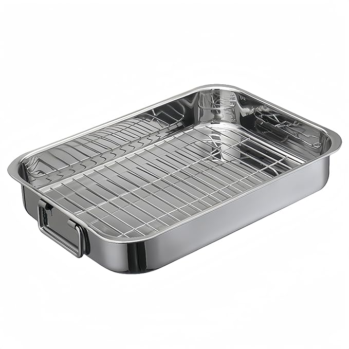 Roasting Pan Stainless steel Roasting pan Turkey Roasting pan with grill Rectangular grill suitable for Turkey, roast chicken and ham (16.5x12.6x2.6inch)