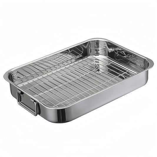 Roasting Pan Stainless steel Roasting pan Turkey Roasting pan with grill Rectangular grill suitable for Turkey, roast chicken and ham (16.5x12.6x2.6inch)
