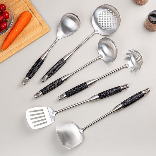 FJNATINH Kitchen Utensils Set - Wok Utensil - Wok Tools - 6 Pieces Ebony Wooden Handle Cooking Tools with Wok Spatula, Soup Ladle, Skimmer Spoon, Slotted Spatula Turner, Spaghetti Server, Solid Spoon