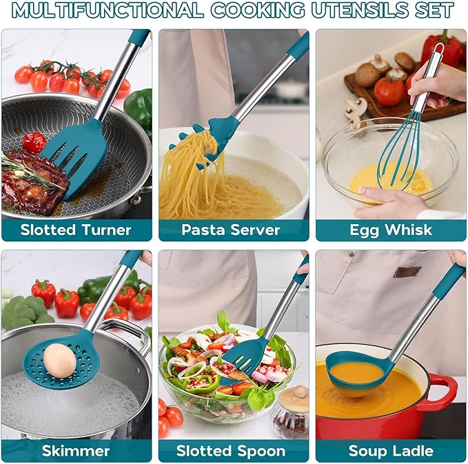 15pcs Kitchen Cooking Utensils Set with Holder, Onader Heat Resistant Silicone Kitchen Utensils Spatula Set with Stainless Steel Handle - Blue