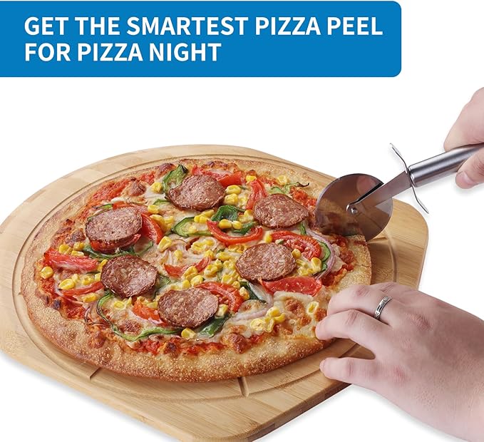 16' Bamboo Pizza Peel - Lightweight Smooth Wooden Paddle and Pizza Cutting Board with 8 Slice Grooves, Outdoor Oven Accessories, 23.6 x 16 Inch