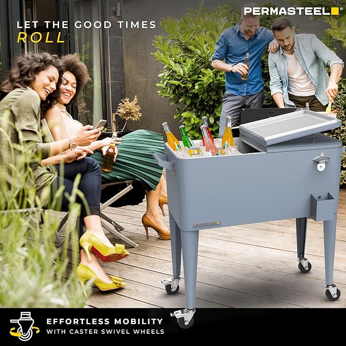 Permasteel 80 Quart Party Cooler, Rolling Ice Chest with Wheels and Handles for Indoor Outdoor Patio