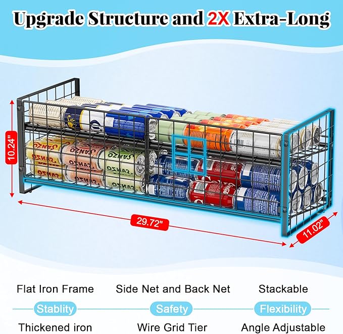 2-Tier Stackable Can Organizer for Pantry, Adjustable Extra-Long Can Rack for Pantry Shelf Organizer and Storage, Sturdy Standing Can Holder for Canned Soup Food Goods Storage up to 64 Cans, Black