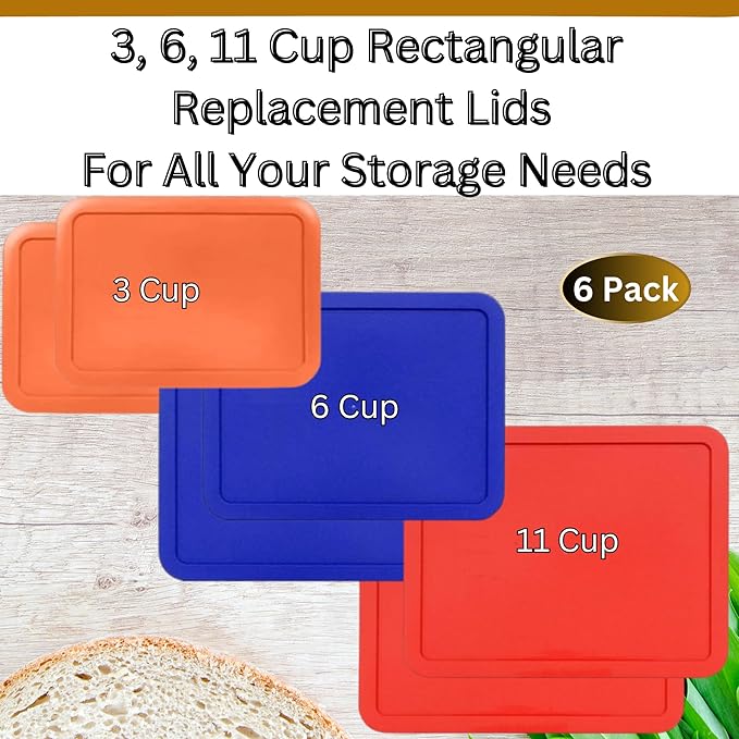 3, 6 & 11 Cup Orange, Blue, Red Replacement Lids/Covers for Pyrex, Anchor Hocking & KlareWare Storage Bowls *Lids Only Glass Container Not Included* (6 Pack *Two of Each Size*)