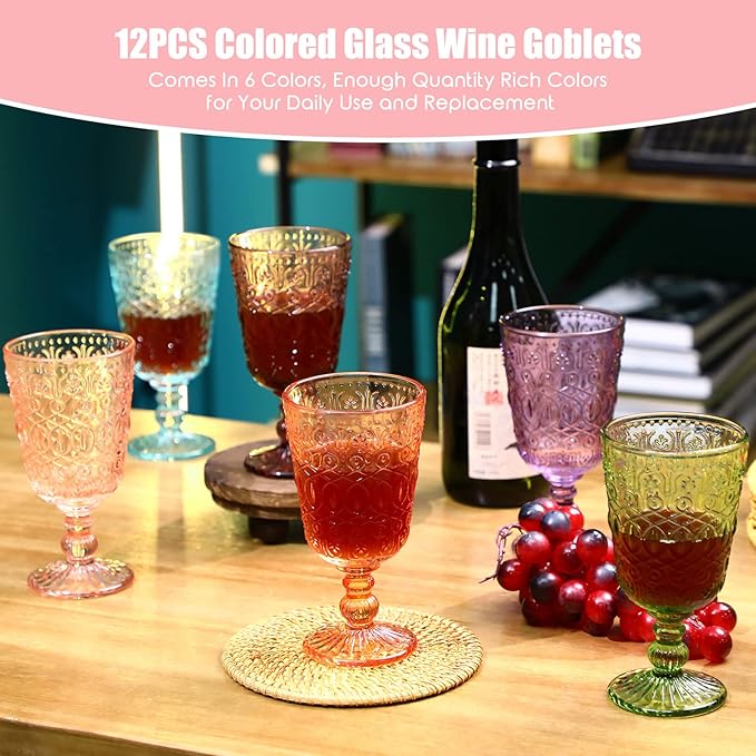 Eaasty Wine Glasses Set of 12 Vintage Goblet 9 oz Vintage Colored Glass Goblet Beverage Stemmed Glass Cups Romantic Embossed Glassware for Wedding Party Holidays Anniversary (Multi Colors)