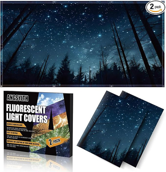 2 Pcs Fluorescent Light Covers - 4 x 2 Feet Covers for Ceiling Lights, Magnetic Light Filters for Classroom, Office, Hospitals, Home (Forests & Starry Sky-2)