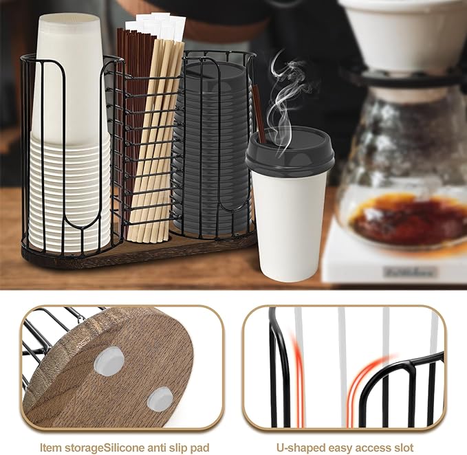3-Compartment 18oz Coffee Cup Dispenser Rack with Wood Base, Disposable Cup, and Lid Organizer for Countertop - Perfect for Paper Cups, Straws, and Kitchen Cabinet Storage