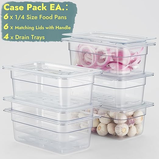 CURTA 6-Pack 1/4 Size 4" Deep NSF Polycarbonate Food Pans with Handled Lids & Drain Trays | Dishwasher & Freezer Safe Clear Container for Prep Tables, Buffet, Salad Bar, Commercial Kitchen
