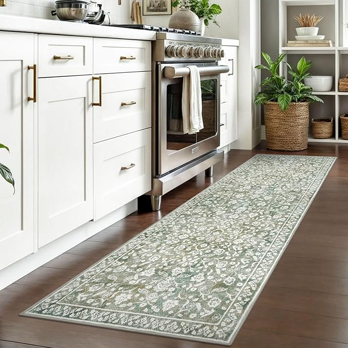 Vintage 2x7 Runner Rug, Sage Green Beige Washable Runners for hallways, Super Soft Kitchen Runner Rug Non Slip, Print Faux Wool Floral Thin Carpet Runner for Entryway Indoor Bedside Runner