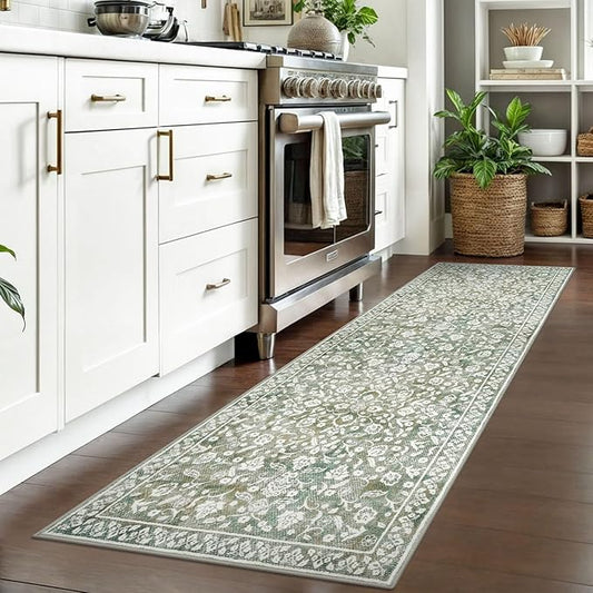 Vintage 2x7 Runner Rug, Sage Green Beige Washable Runners for hallways, Super Soft Kitchen Runner Rug Non Slip, Print Faux Wool Floral Thin Carpet Runner for Entryway Indoor Bedside Runner