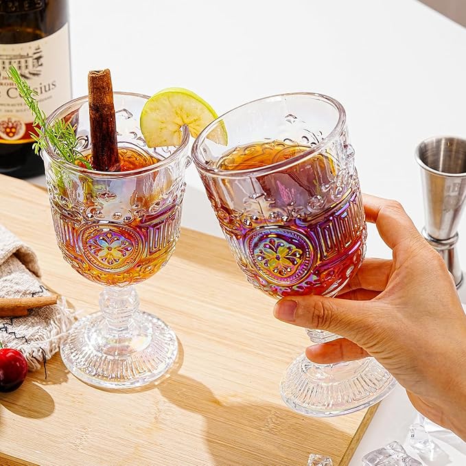 Sungmor Vintage Iridescent Wine Glasses – Set of 2 Embossed Goblets, 10 oz Decorative Glassware for Wine, Water, or Cocktails – Elegant Clear Drinking Glasses, Wedding & Party Drinkware
