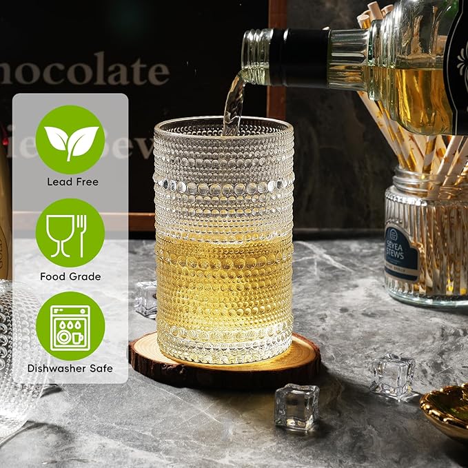 Moretoes Hobnail Drinking Glasses Set of 12,12 Oz Highball Glasses Clear Embossed Boho Water Glass Cups Kitchen Bar Tumbler Glassware Set for Whiskey, Beer, Juice, Milk and Various Mixed Drinks