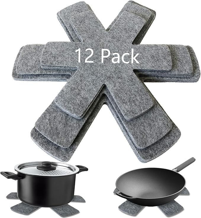 Pot and Pan Protectors Set of 12, 3 Different Size Larger & Thicker Pan Protectors for Stacking and Protecting Your Cookware