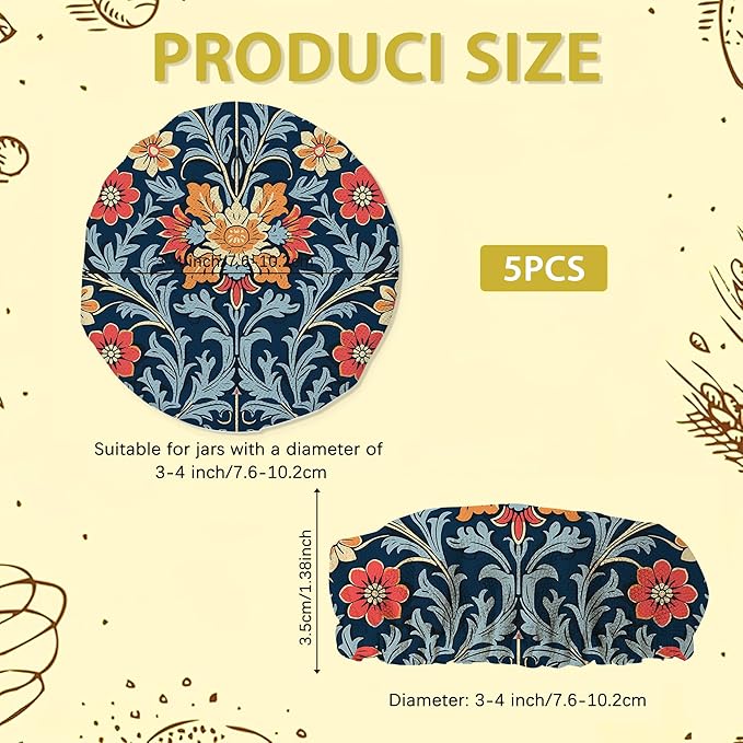 Sourdough Starter Jar Covers,5-Pack Reusable Vintage Flowers Indian Style Cloth Lids for 3-4 Inch Jars,Ideal for Kombucha Kefir or Cheese Fermentation