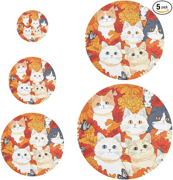 5 Pcs Bowl Covers Reusable in 5 Size Elastic Food Cover Cloth Lids Fresh Keeping Dish Cookware Bakeware Fabric Covers Lids for Food Leftovers Fruits Storage Orange Chrysanthemum and Cute Ca