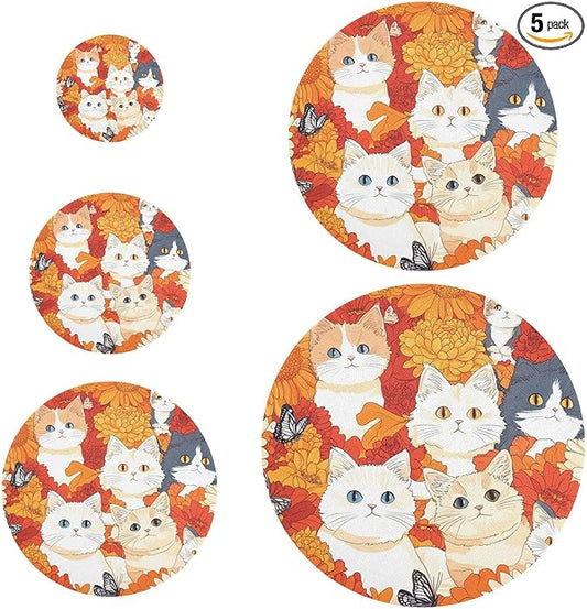 5 Pcs Bowl Covers Reusable in 5 Size Elastic Food Cover Cloth Lids Fresh Keeping Dish Cookware Bakeware Fabric Covers Lids for Food Leftovers Fruits Storage Orange Chrysanthemum and Cute Ca