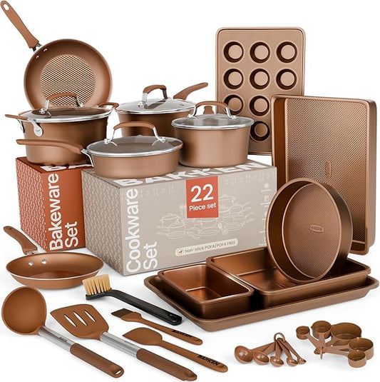 Pots and Pans Set, 22-Piece Non Stick Cookware & Bakeware Sets with Plaid Pattern, Stackable Design, Dishwasher Safe, Stain-resistant, Oven & All-Stove Safe, Tempered Glass Lid, Golden