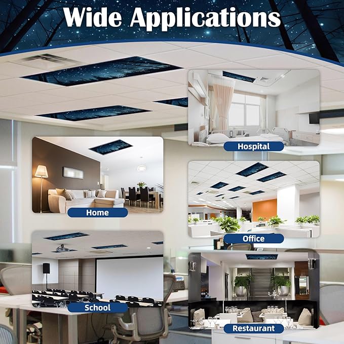 2 Pcs Fluorescent Light Covers - 4 x 2 Feet Covers for Ceiling Lights, Magnetic Light Filters for Classroom, Office, Hospitals, Home (Forests & Starry Sky-2)