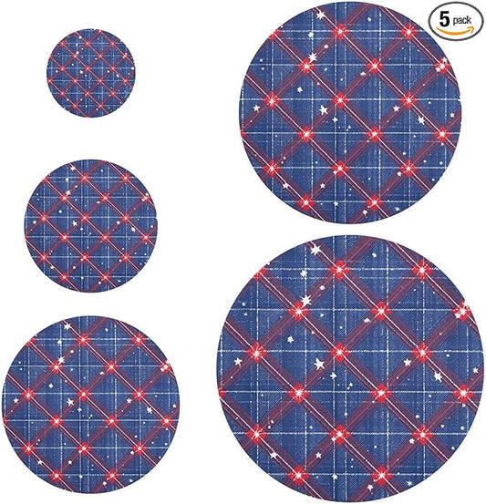 5 Pcs Bowl Covers Reusable in 5 Size Elastic Food Cover Cloth Lids Fresh Keeping Dish Cookware Bakeware Fabric Covers Lids for Food Leftovers Fruits Storage Blue Retro Plaid Stars