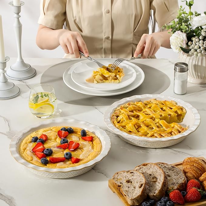 MALACASA 9 Inch Pie Pan, Embossed Deep Dish Plate, 45 OZ Round Quiche Baking Dish for Oven, Fluted for Apple Pie and Quiche, Set of 2, Series LYDIA