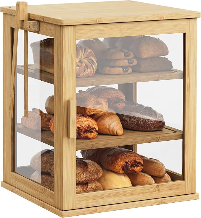 WOWLIVE Bamboo Bread Box for Kitchen Countertop, Large 3 Layers Bread Storage Container for Homemade Bread with Window, Farmhouse Breadbox Organizer for Kitchen, Cabinet, Pantry (Natural, Extra Large)