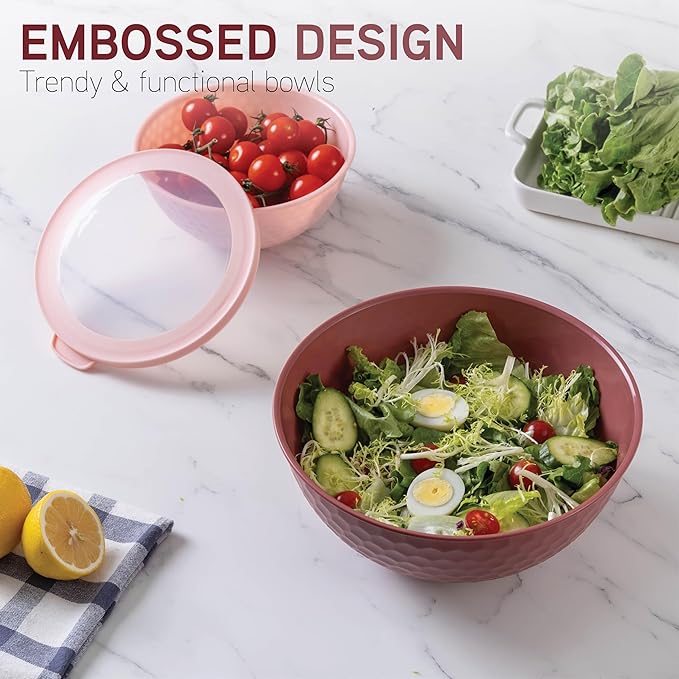 COOK WITH COLOR Mixing Bowls with Lids - 12 Piece Plastic Nesting Bowls Set includes 6 Prep Bowls and 6 Lids, Non Slip Bottom and Embossed Design - Microwave Safe (Rose)