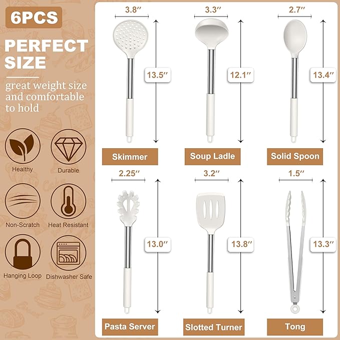 LIANYU Silicone Cooking Utensils Set, 6 Piece Kitchen Cooking Utensils Set, Heat Resistant Kitchen Spatula Gadgets Tools for Nonstick Cookware, Stainless Steel Handle, Dishwasher Safe, White