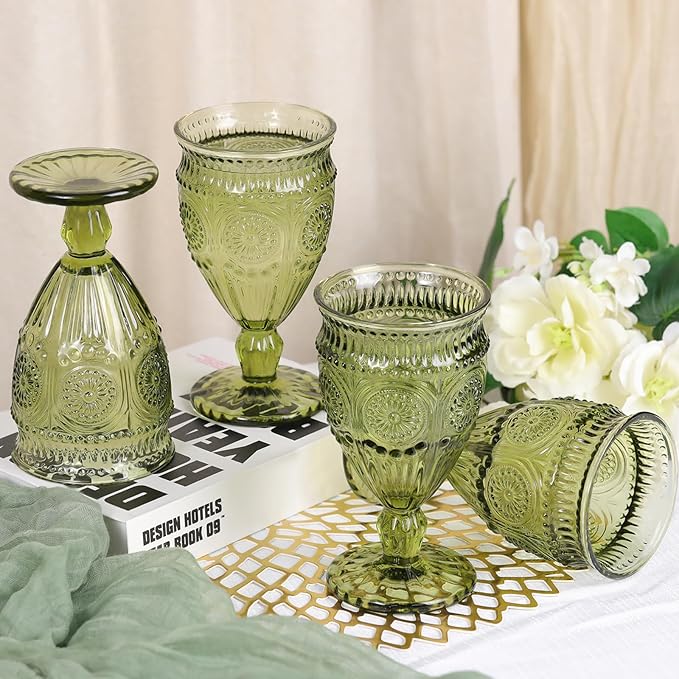4Pcs Green Wine Glasses, 12oz Glass Goblets, Vintage Drinking Glassware, Colored Glassware Set for Party Home Wedding Baby Shower