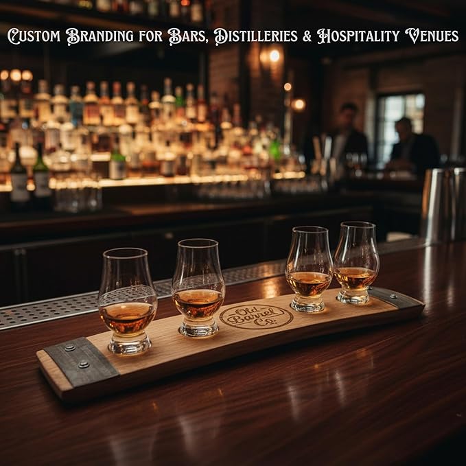 Personalized Premium 4 Glass Whiskey Flight/Engraved Center/Personalized Gift/Crystal Glass Option/Natural Oak Color (Wedding/Anniversay)